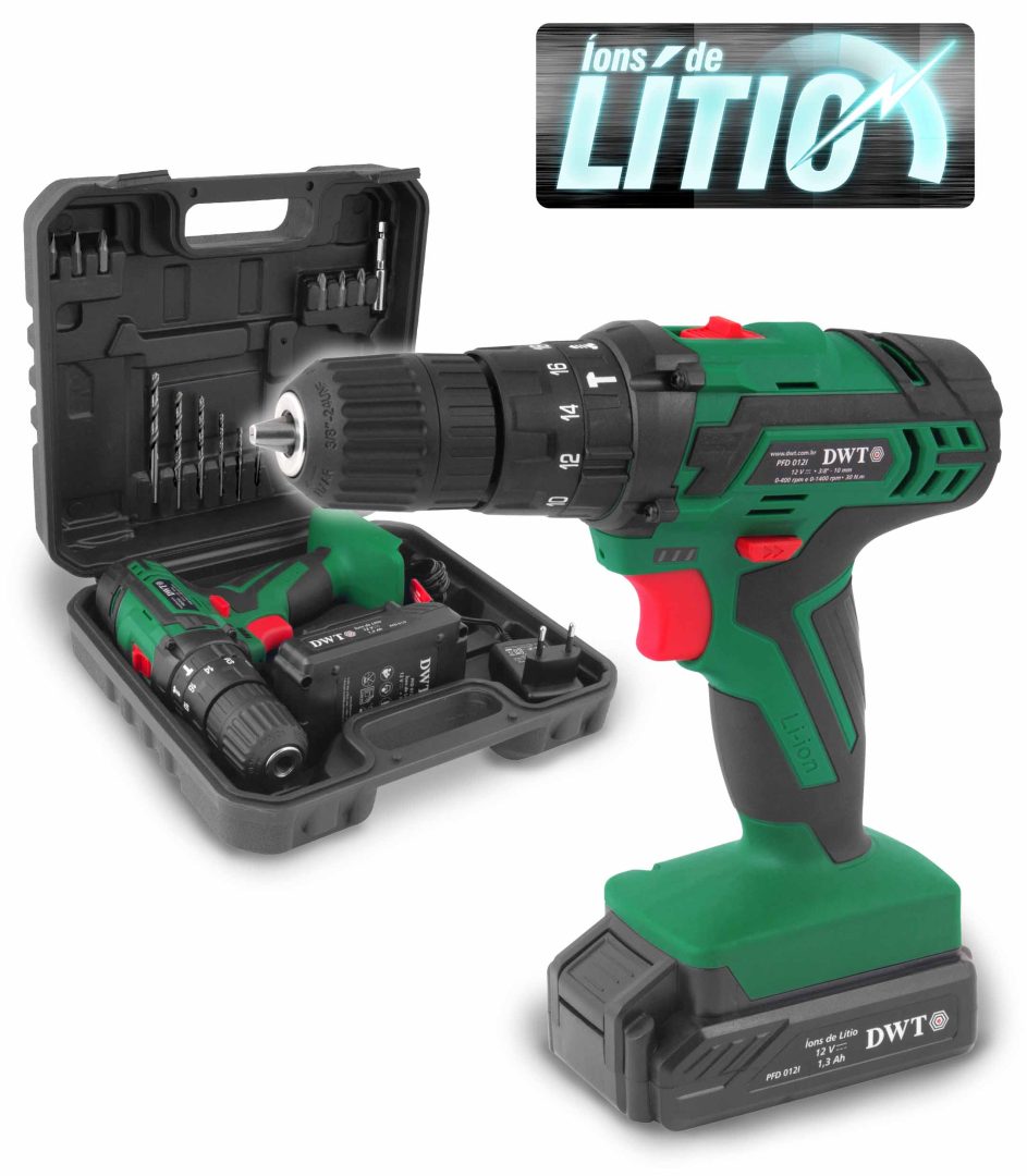 Parafusadeira/furadeira COM IMPACTO a bateria, 12 V, carregador bivolt automático, jogo com 17 peças, PFD 012I – DWT